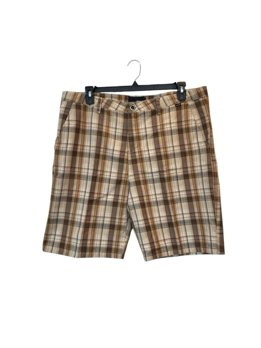 HURLEY Men's size 38 Plaid Brown and Cream Flat-Front Casual Walking Shorts